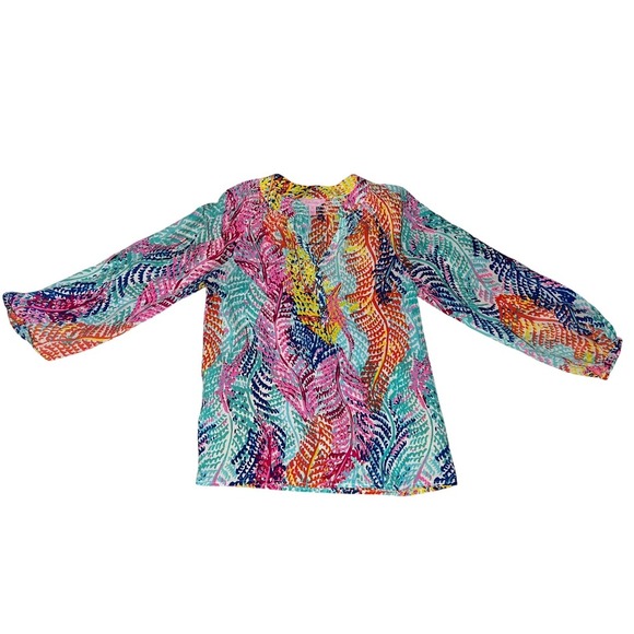 Lilly Pulitzer 100% Silk Multicolor Leaf Print Tunic Top   dopamine Sz xs - Picture 1 of 6
